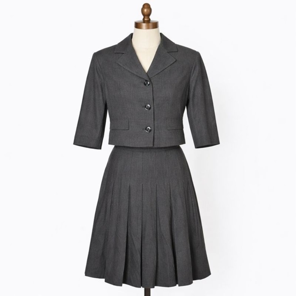 VTG Lord & Taylor Womens Jr 7/8 Gray Wool Pleated Skirt Blazer Suit UNION USA